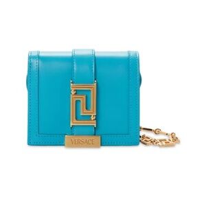 Versace Greca Goddess Leather Bifold Chain Wallet Blue Gold